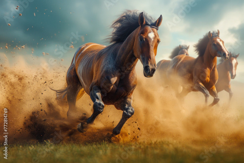 Galloping Horses Raising Dust in Sunset Light.