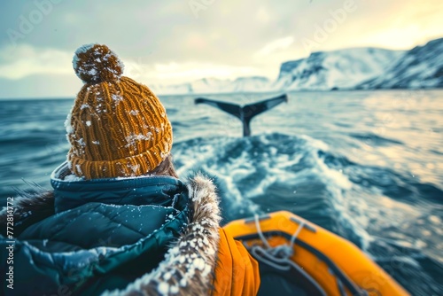  Image of a happy individual enjoying a boat ride on the wintry ocean, their eyes filled with wonder and delight as they glimpse the blurred outline of a whale's tail in the distance, conveying a sens