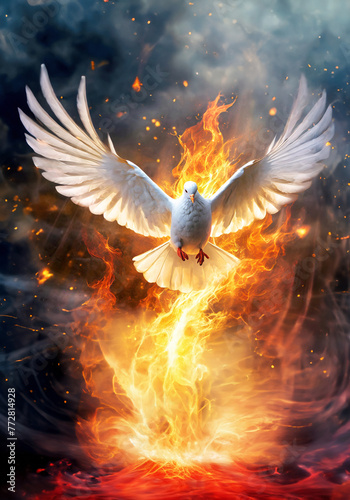 white pigeon flying with open wings emitting fire flame realistic illustration