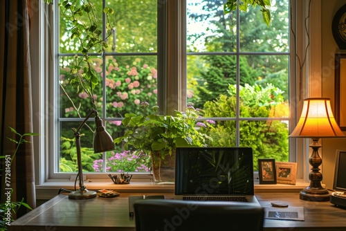 A cozy home office setup, with a desk nestled by a window overlooking a tranquil garden, providing a serene backdrop for productivity during the working hour, Generative AI