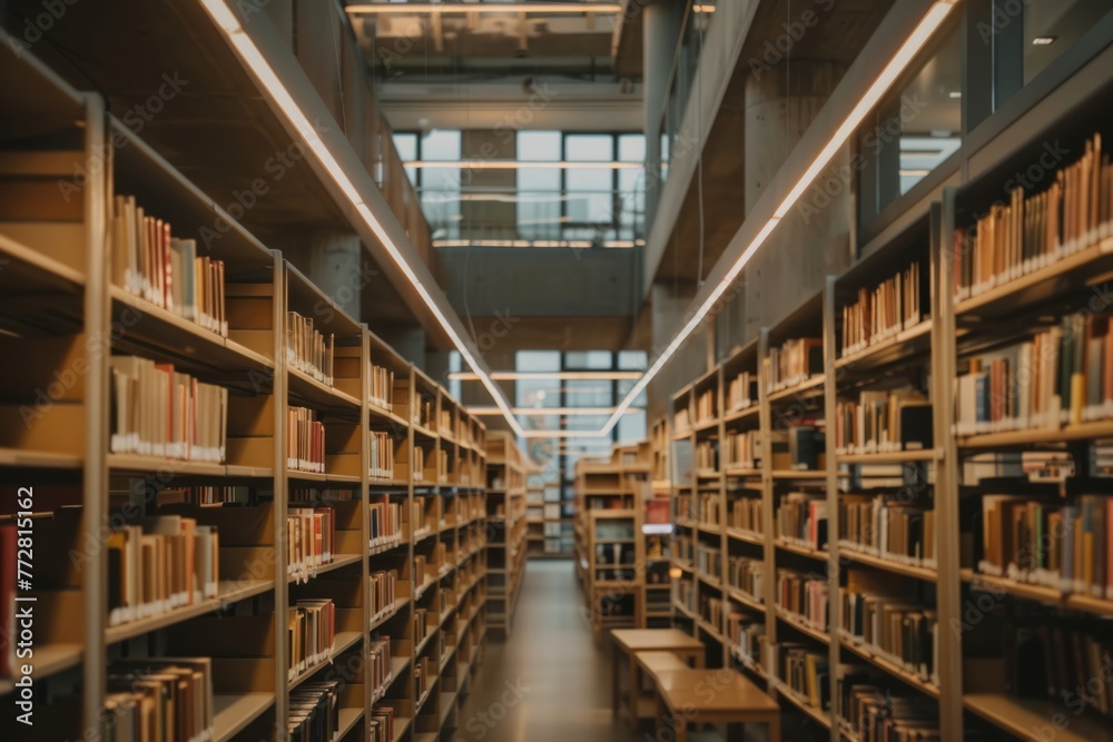 Obraz premium A peaceful library scene, with rows of bookshelves, study desks, and soft ambient lighting creating an ideal environment for concentration during the working hour, Generative AI
