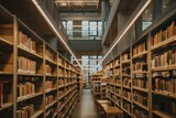 A peaceful library scene, with rows of bookshelves, study desks, and soft ambient lighting creating an ideal environment for concentration during the working hour, Generative AI