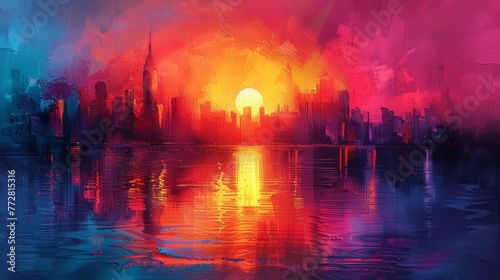 Abstract sunset cityscape with vibrant colors and reflections