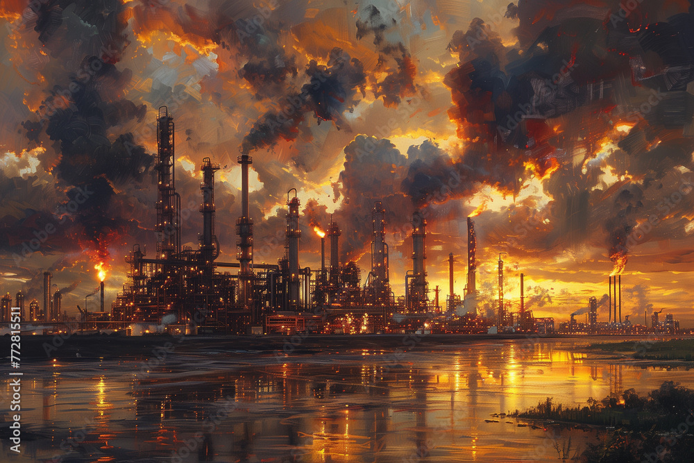 An intimate portrayal of an oil refinery at daybreak, where intricate machinery and towering structures create a striking contrast