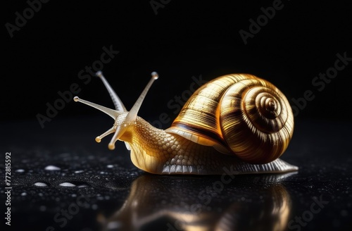 golden snail on black background.