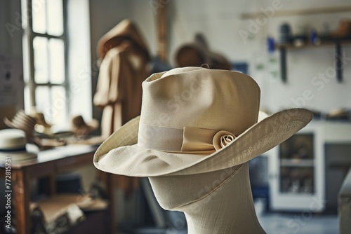 milliner shaping a hat on a form in a fashion studio