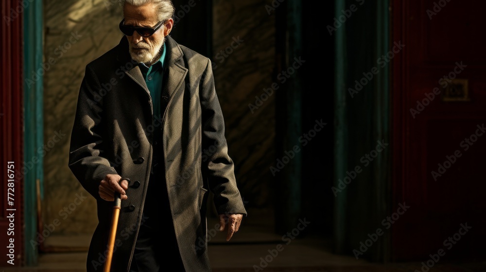 Portrait of senior mature bearded blind man using a walking stick for orientation indoor. People with Disabilities, Health concepts. - obrazy, fototapety, plakaty 