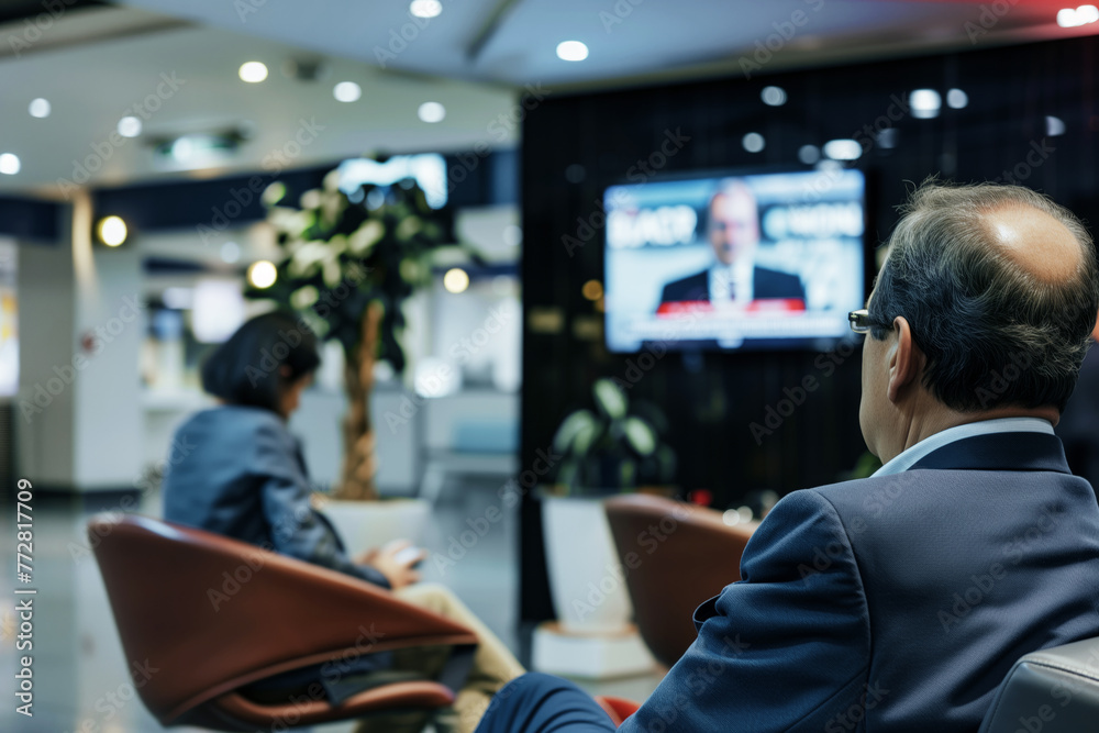 Fototapeta premium passenger watching news on tv in lounge waiting area