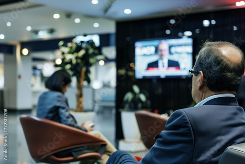 passenger watching news on tv in lounge waiting area