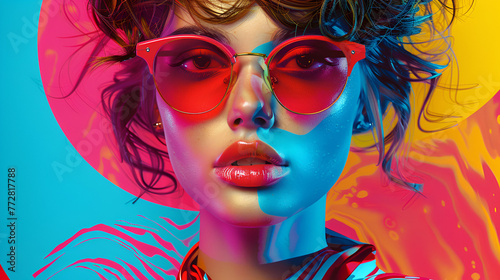 80s style pop collage illustration fashion model with sunglasses, generative Ai