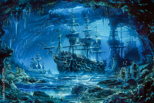 Ship in the sea,an underground ocean, a pirate ship in the foreground, fantasy city on island in the distance as focal point, dark colors, realistic, nighttime, stone ceiling, glowing lichen and moss