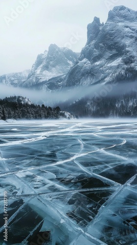 Frozen lake with mountain backdrop in winter