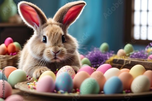 Easter bunnies with basket of colorful eggs on wooden background © ASGraphicsB24