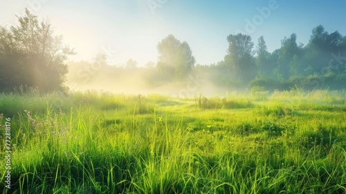 Dawning Serenity  Lush Meadow and Forest Bathed in Sunrise - Generative AI