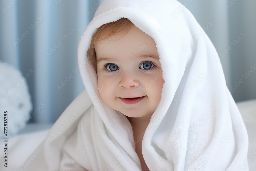 little baby wearing hooded towel sitting on the bed after bath , Adorable baby with blue eyes in a towel after a bath, Ai generated