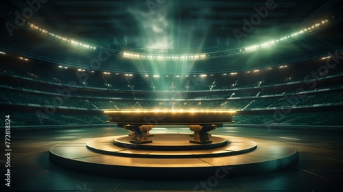 Central stage in an arena encircled by vacant chairs and flashes of light, ideal for showcasing your product on the verdant field of a soccer stadium.