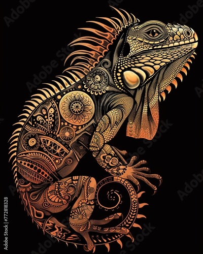 An illustration vector design, a bear detailed with henna patterns in a harmonious blend of warm and cool colors, evoking a sense of tradition and artistry Isolated on solid black background © Wonderful Studio