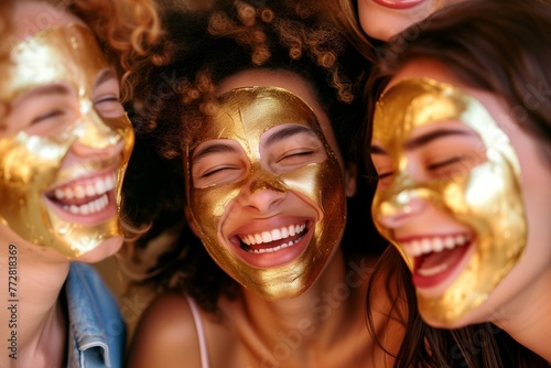 laughing with friends, all with gold facial masks