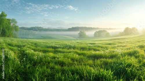Dawning Serenity  Lush Meadow and Forest Bathed in Sunrise - Generative AI