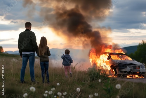 a family safely distanced, watching their car burn