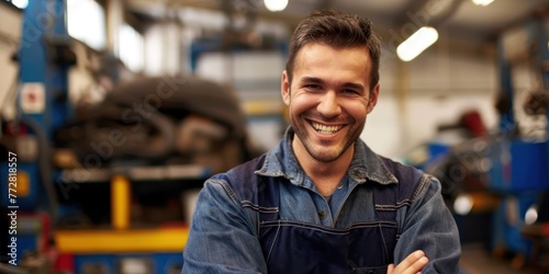 happy auto mechanic man or smith at car workshop photo