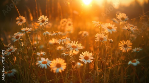 Golden Hour Glow Over Wildflower Meadow - Peaceful Sunset Harmony - Generative AI