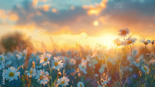 Golden Hour Glow Over Wildflower Meadow - Peaceful Sunset Harmony - Generative AI