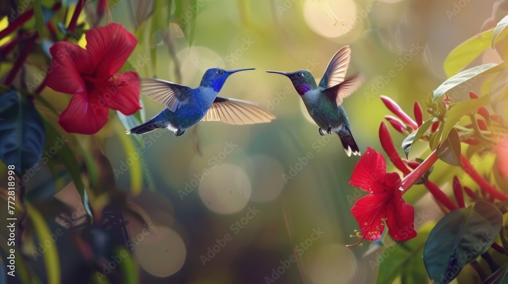 Fototapeta premium Dance of the Violet Sabrewings: Hummingbirds’ Ballet by the Blossoms Generative AI