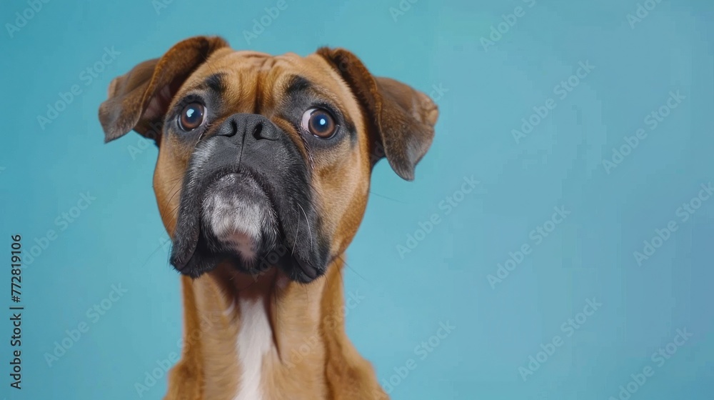 Expressive Boxer Dog Portrait Against Cool Blue, Gazing with Soul - Generative AI