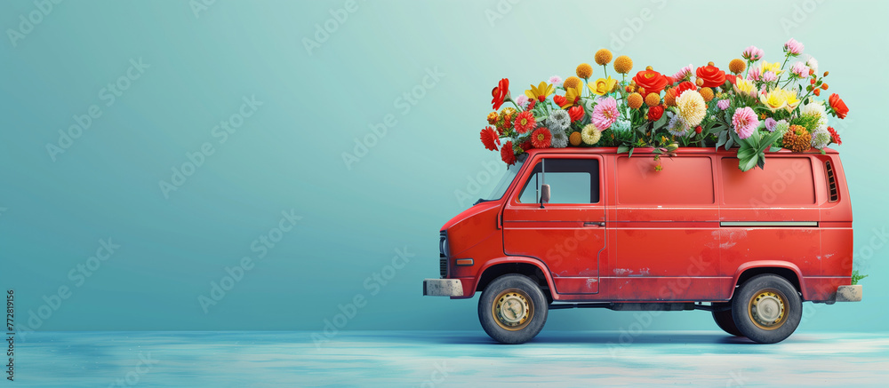 Fototapeta premium A striking image of a classic red van filled to the brim with assorted flowers, set on a simple blue background indicative of calm, Flower delivery, old-time, multitude, celebration, emotional connec