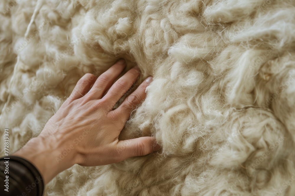 close view of mineral wool texture with hand pressing down close view of mineral wool texture with hand pressing down