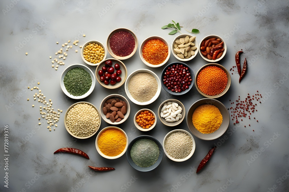 Various aromatic spices and herbs on a gray table, generated ai Various aromatic spices and herbs on a gray table, generated ai