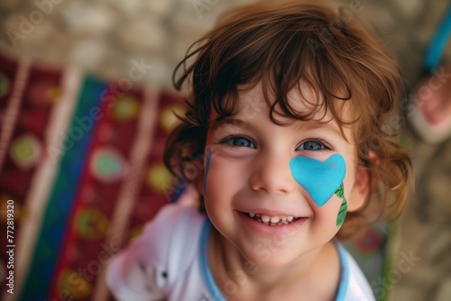 child with face paint of a blue heart on cheek smiling at camera photo