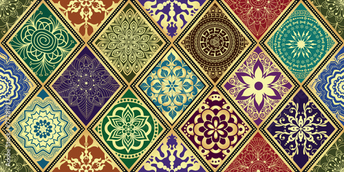 Vector hand drawn seamless pattern with colorful rhombuses with golden mandalas. Islam, Arabic, Indian, ottoman motifs. Perfect for printing on fabric or paper.