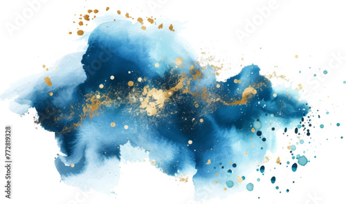Watercolor blue abstract splash with gold glitter