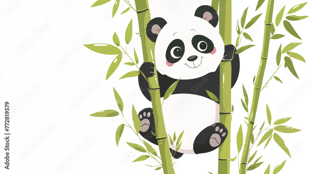 Cartoon Cute funny baby panda hanging on a bamboo tre - obrazy, fototapety, plakaty 