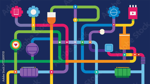 An intricate web of colorful pipes and wires highlighting the complex system of energy distribution and management within a manufacturing