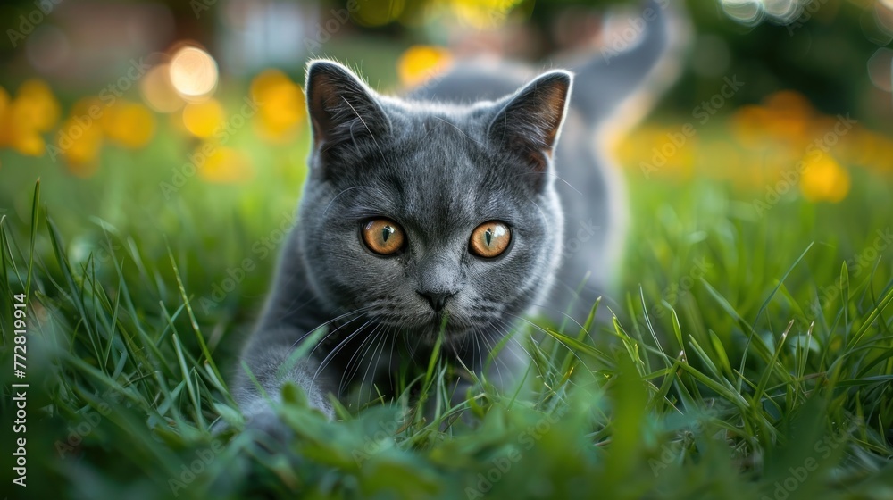 Fototapeta premium British Shorthair Cat's Intense Outdoor Stalk Generative AI