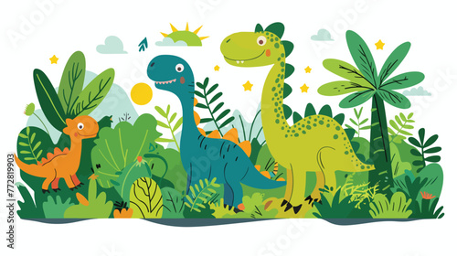 Cartoon dinosaurs in the jungle flat vector isolated © RedFish