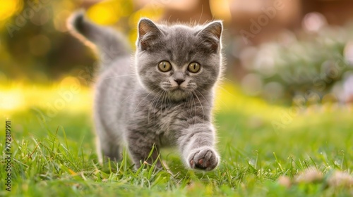 British Shorthair Cat's Intense Outdoor Stalk Generative AI