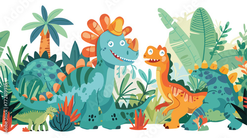 Cartoon dinosaurs in the jungle flat vector isolated