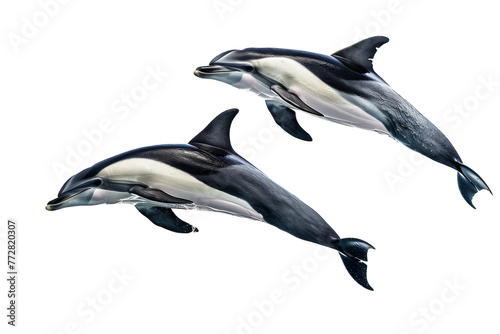 Two Black and White Dolphins Jumping in the Air