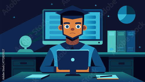 A closeup of a workers face lit up by the glow of their computer screen as they engage in an online training course representing the continuous