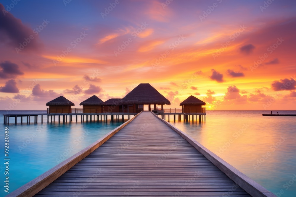 Obraz premium Wooden jetty at sunset in tropical island with water bungalows An amazing sunset landscape Picturesque summer sunset , Ai generated
