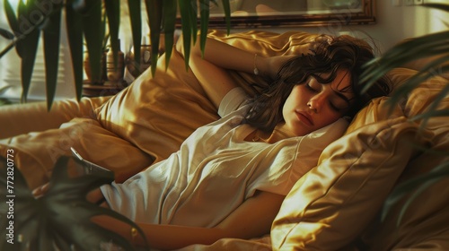 Woman relaxing on a satin bed sheet. A serene image capturing a woman lying face down on a bed with golden satin sheets, surrounded by houseplants