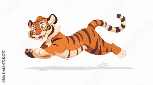 Cartoon funny tiger jumping on white background flat