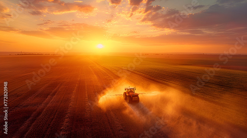 A tractor sprays an agricultural field with fertilize, generative ai