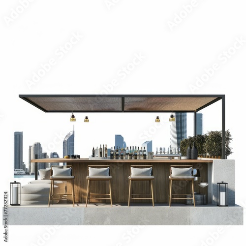 3D Render of a rooftop bar with panoramic views of the city skyline and modern outdoor furniture, on isolated white background, Generative AI
