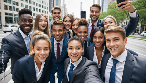 A multiracial group of friends or young businessmen and women dressed in suits take a smiling and happy selfie on the street colorful background