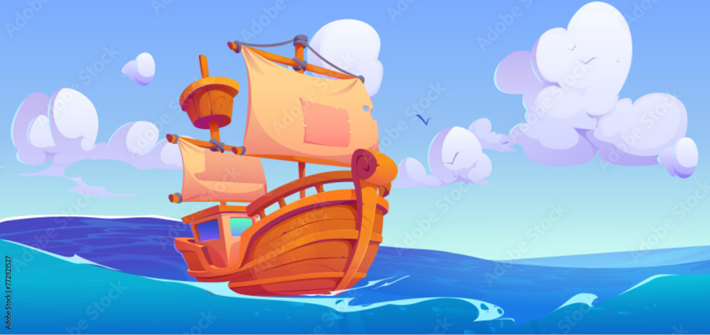 Fototapeta premium Vintage sailboat with wooden deck and patch on textile masts on sea or ocean waves. Cartoon vector illustration marine landscape with ancient ship. Medieval nautical transport for cruise or fishing.